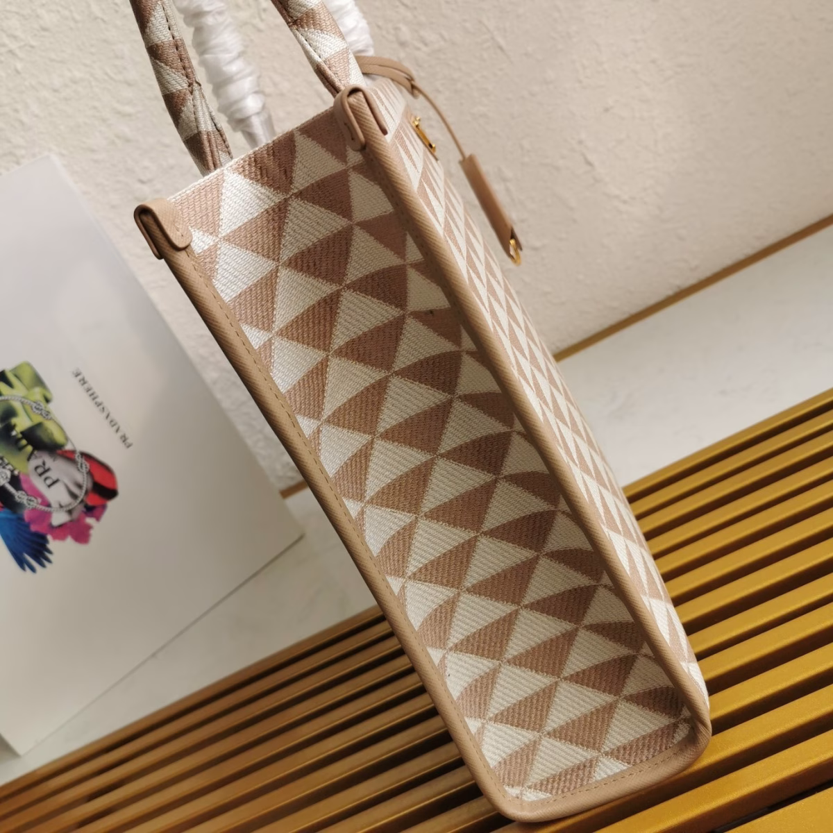 Prada Symbole Small Bag in Beige and White Jacquard Fabric - Image 3