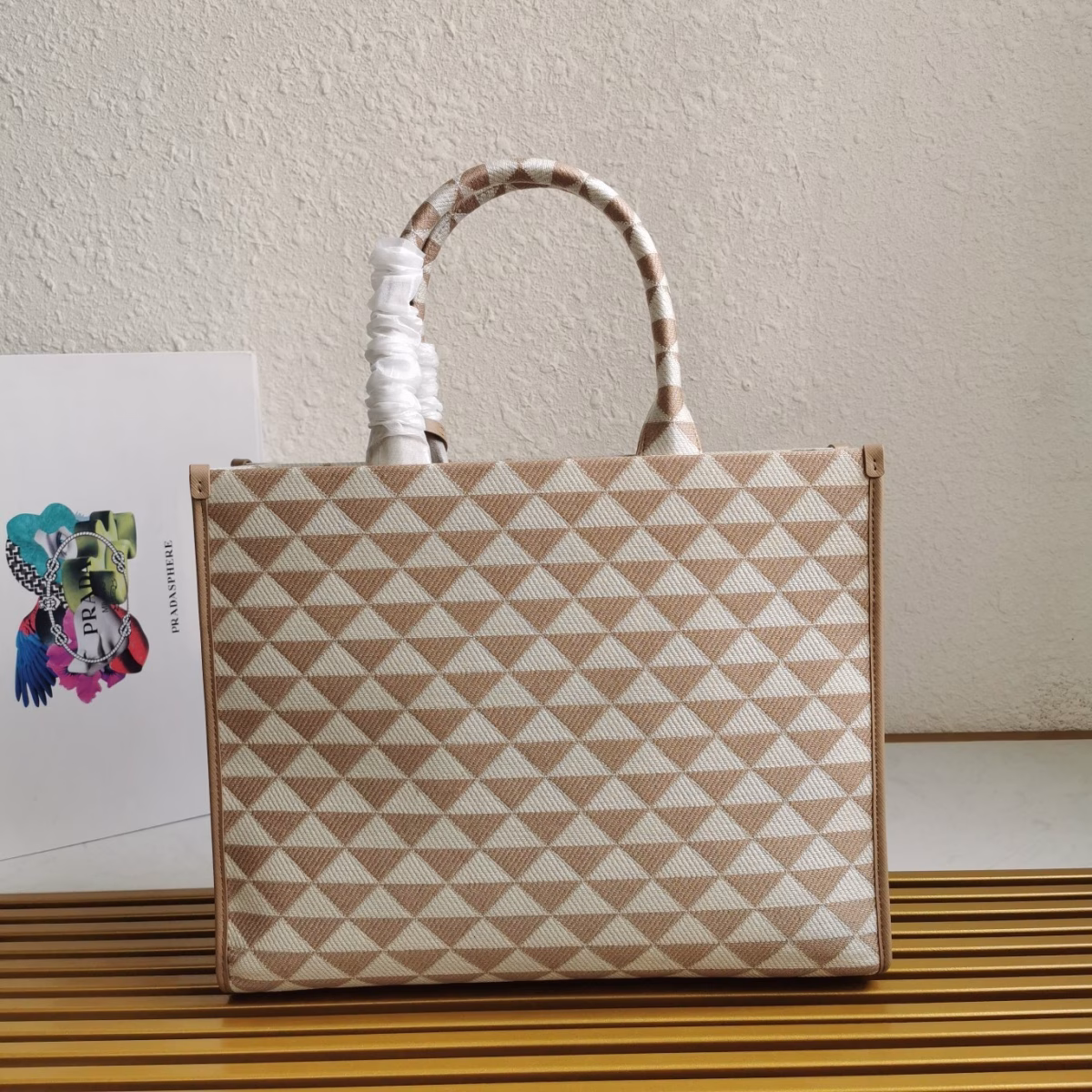 Prada Symbole Small Bag in Beige and White Jacquard Fabric - Image 4