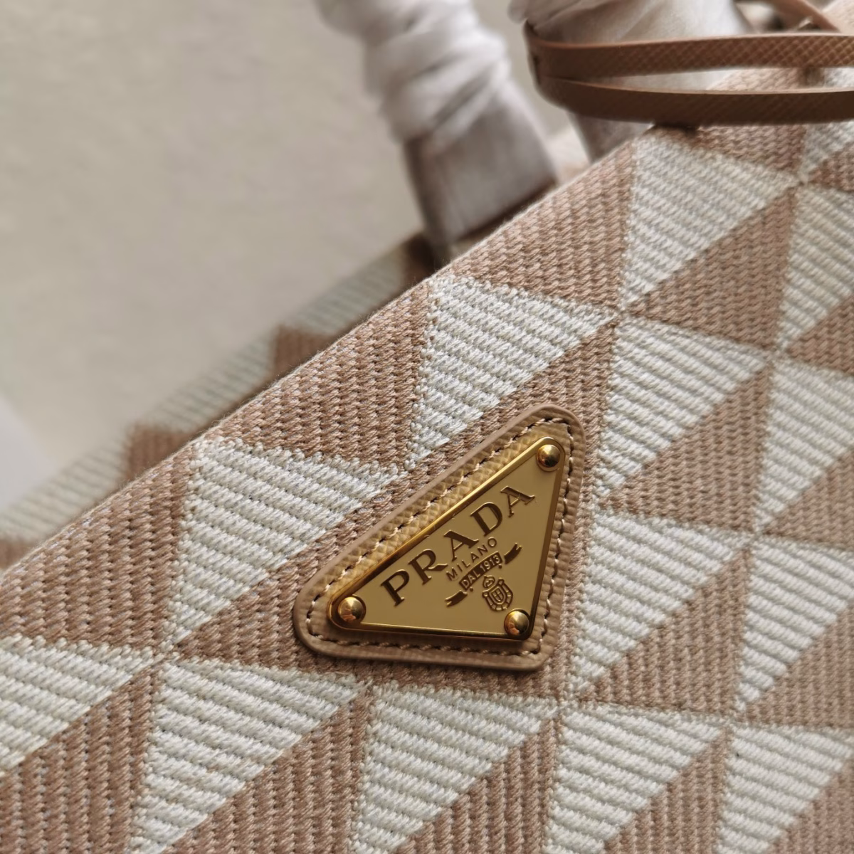 Prada Symbole Small Bag in Beige and White Jacquard Fabric - Image 2