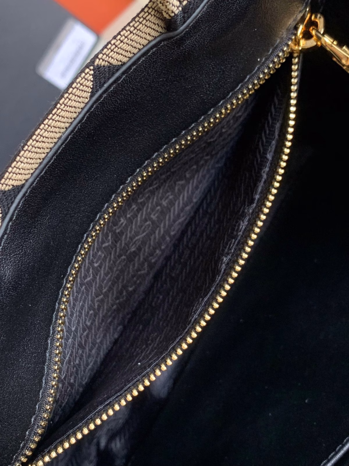 Prada Symbole Small Bag In Black/Beige Jjacquard Fabric - Image 2