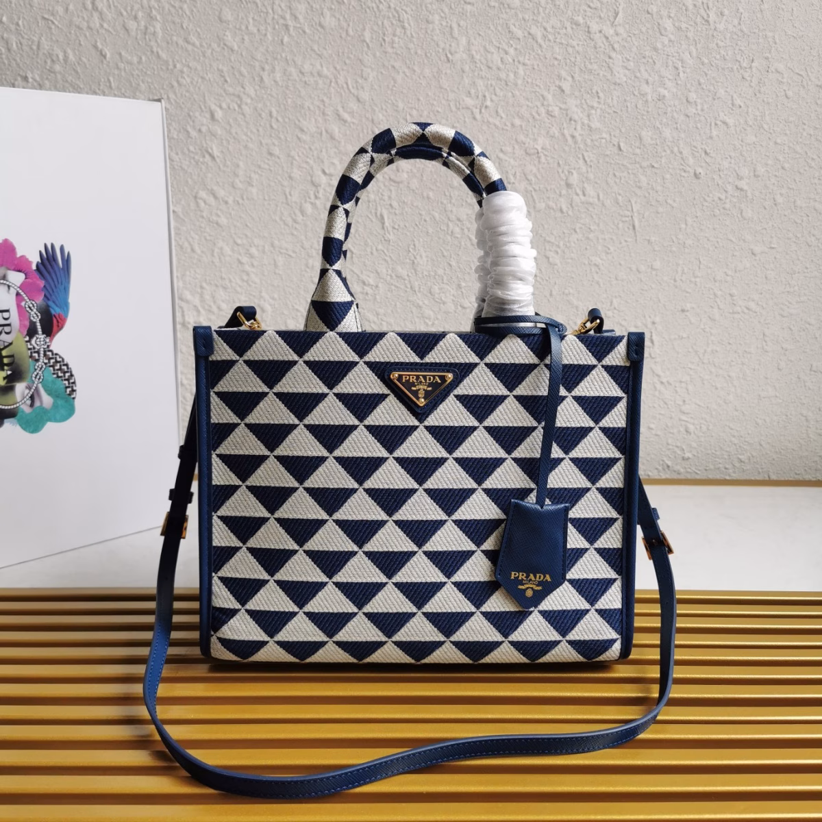 Prada Symbole Small Bag In White/Blue Jjacquard Fabric - Image 8
