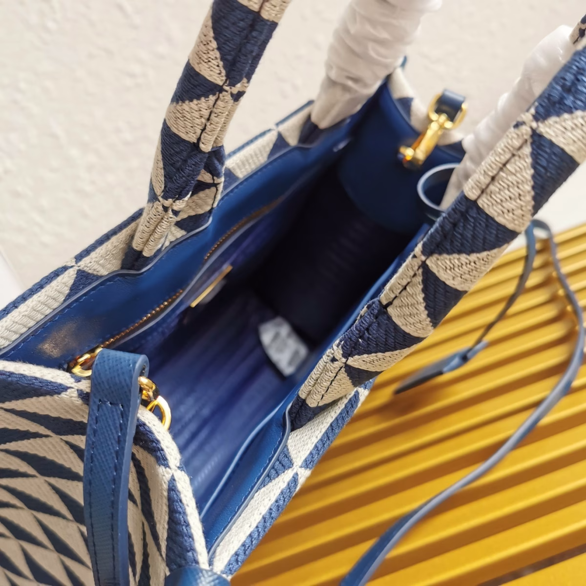 Prada Symbole Small Bag In White/Blue Jjacquard Fabric - Image 2