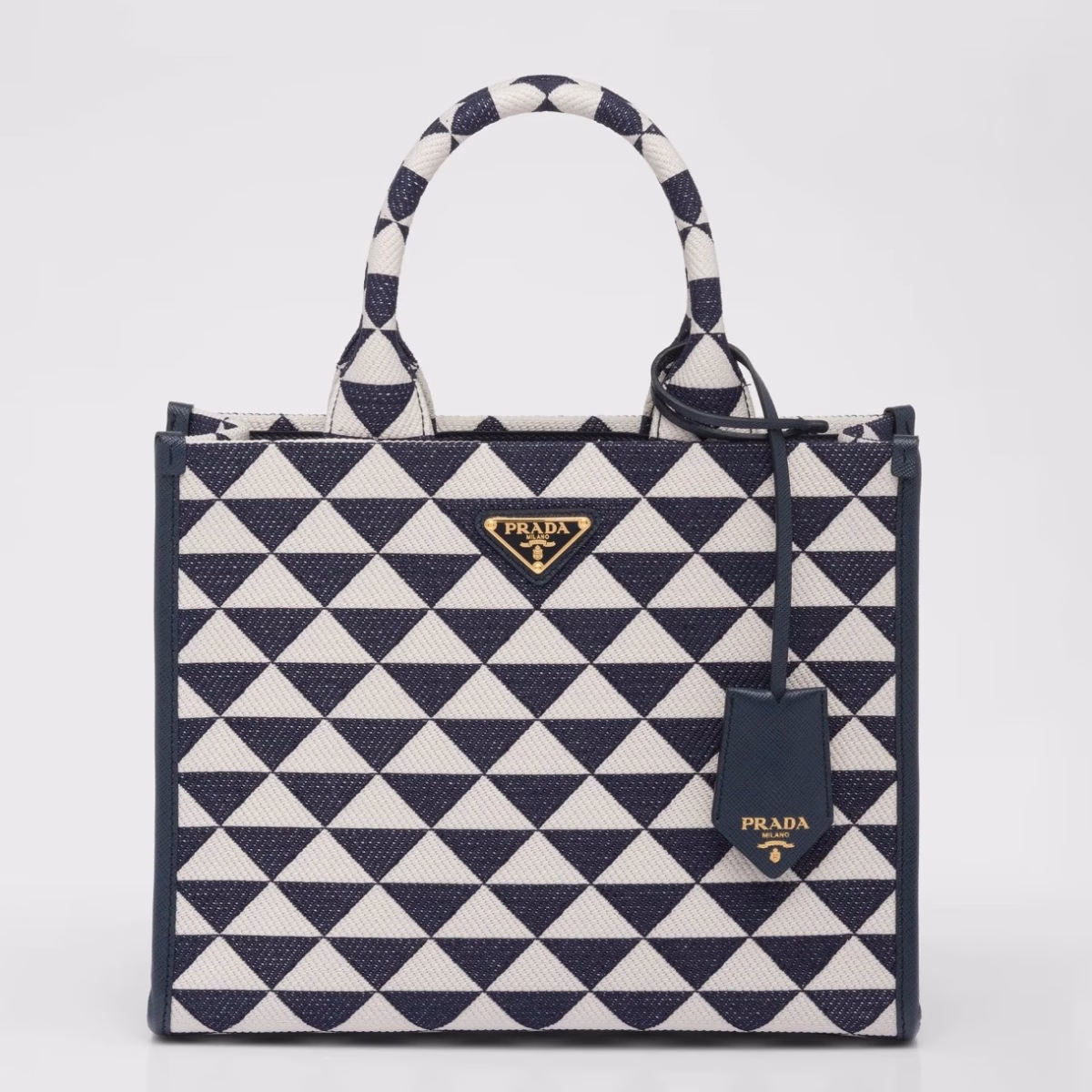 Prada Symbole Small Bag In White/Blue Jjacquard Fabric - Image 1