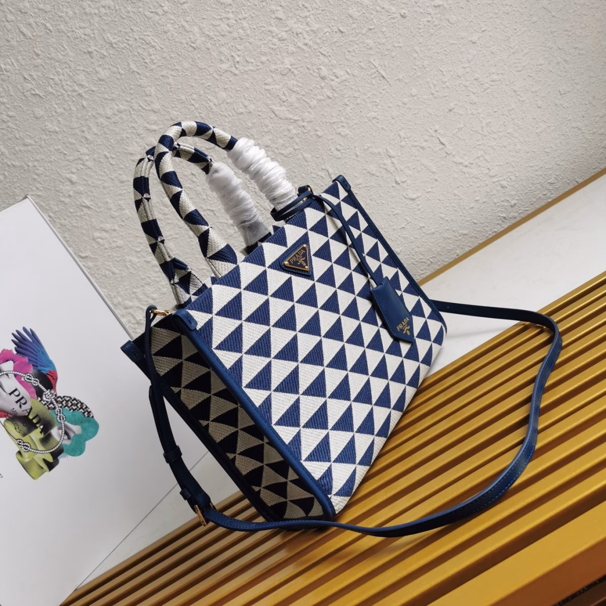 Prada Symbole Small Bag In White/Blue Jjacquard Fabric - Image 9