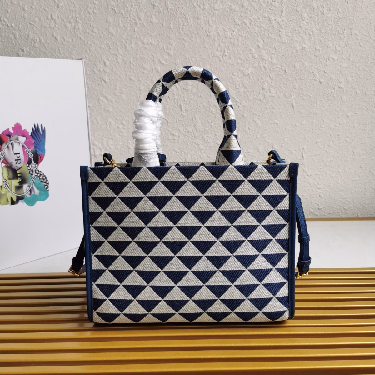 Prada Symbole Small Bag In White/Blue Jjacquard Fabric - Image 3