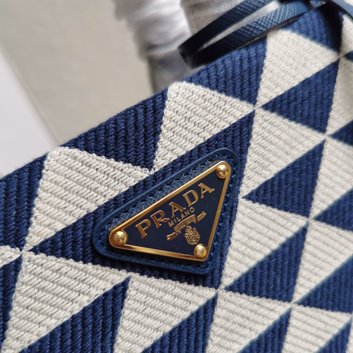 Prada Symbole Small Bag In White/Blue Jjacquard Fabric - Image 5