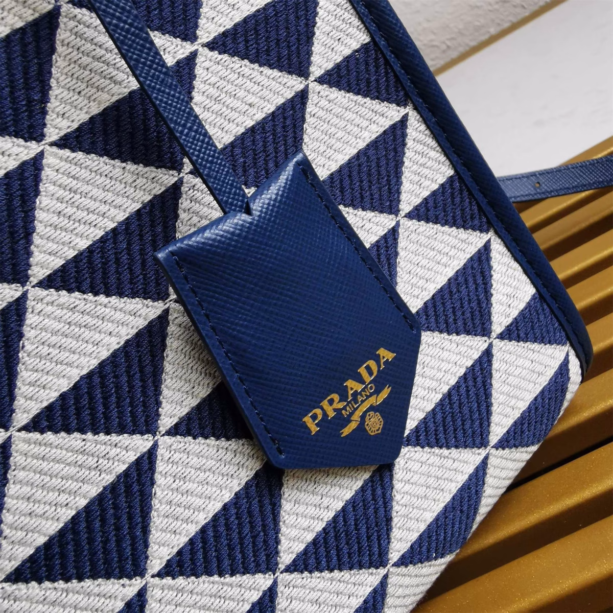 Prada Symbole Small Bag In White/Blue Jjacquard Fabric - Image 6