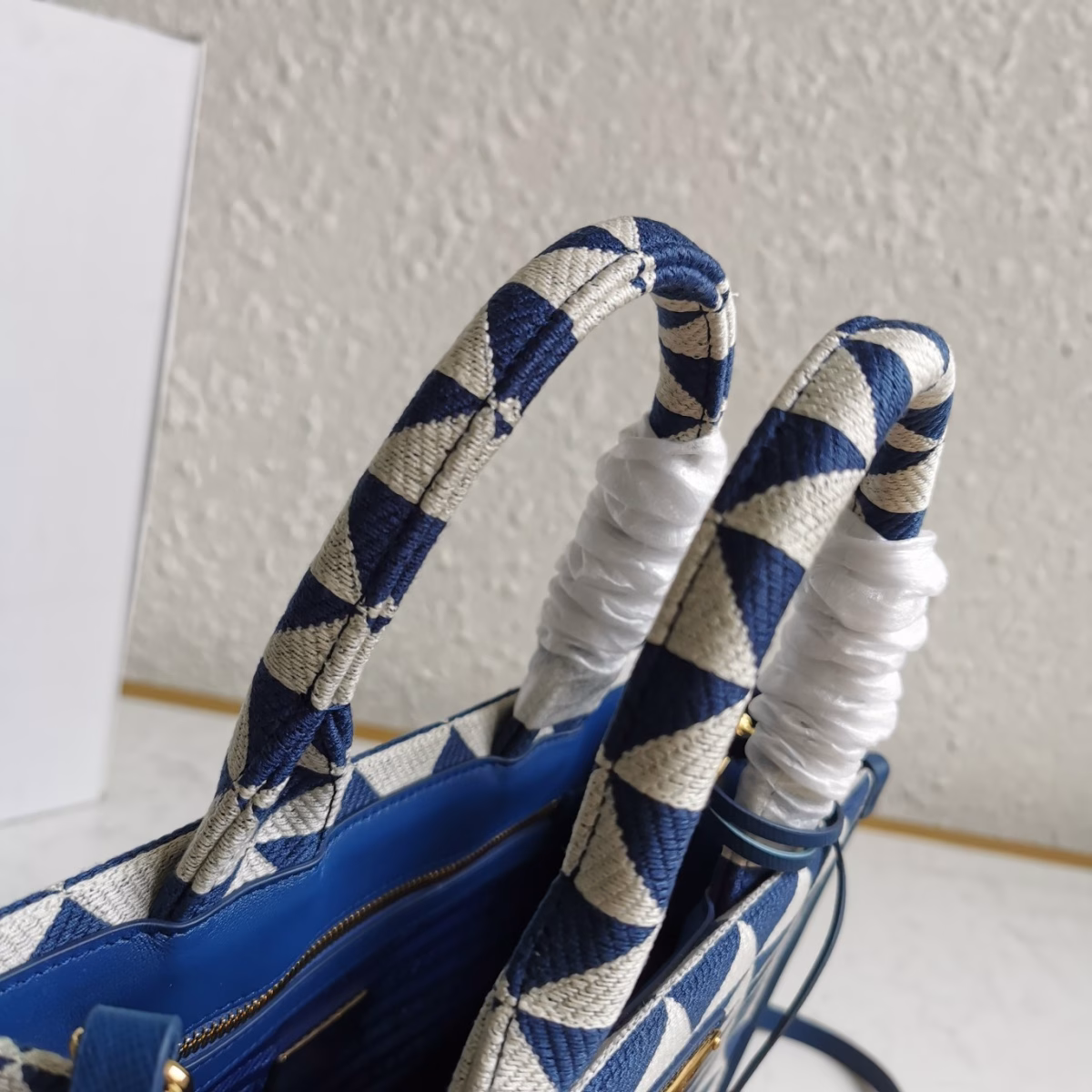 Prada Symbole Small Bag In White/Blue Jjacquard Fabric - Image 7