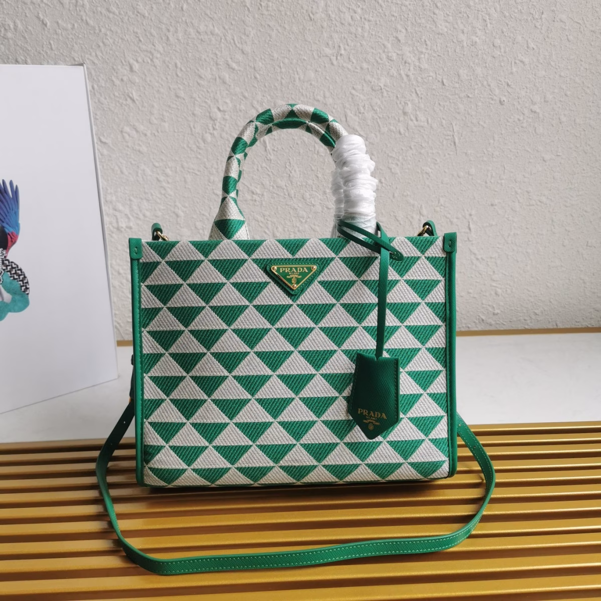 Prada Symbole Small Bag in Green and White Jacquard Fabric - Image 6