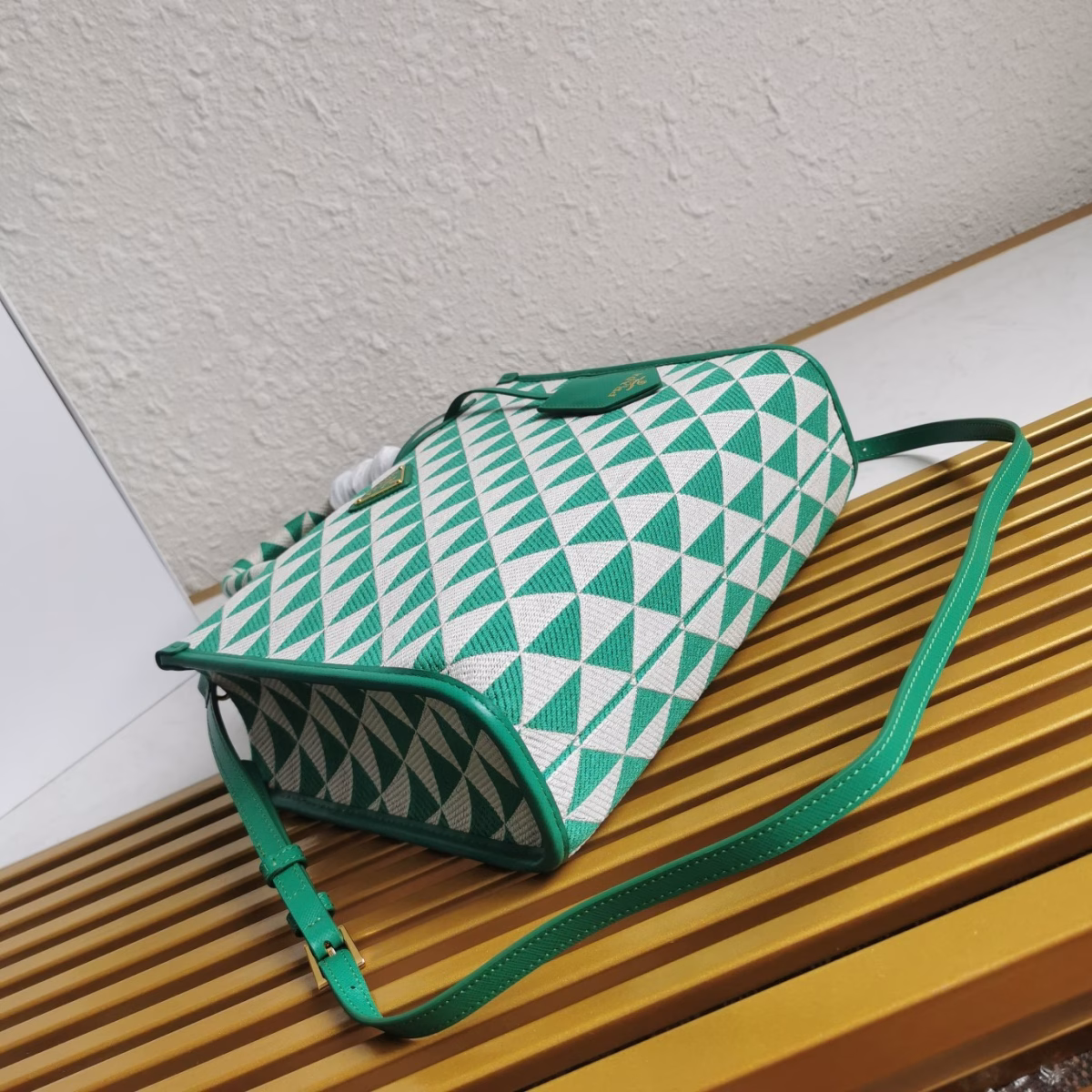 Prada Symbole Small Bag in Green and White Jacquard Fabric - Image 8