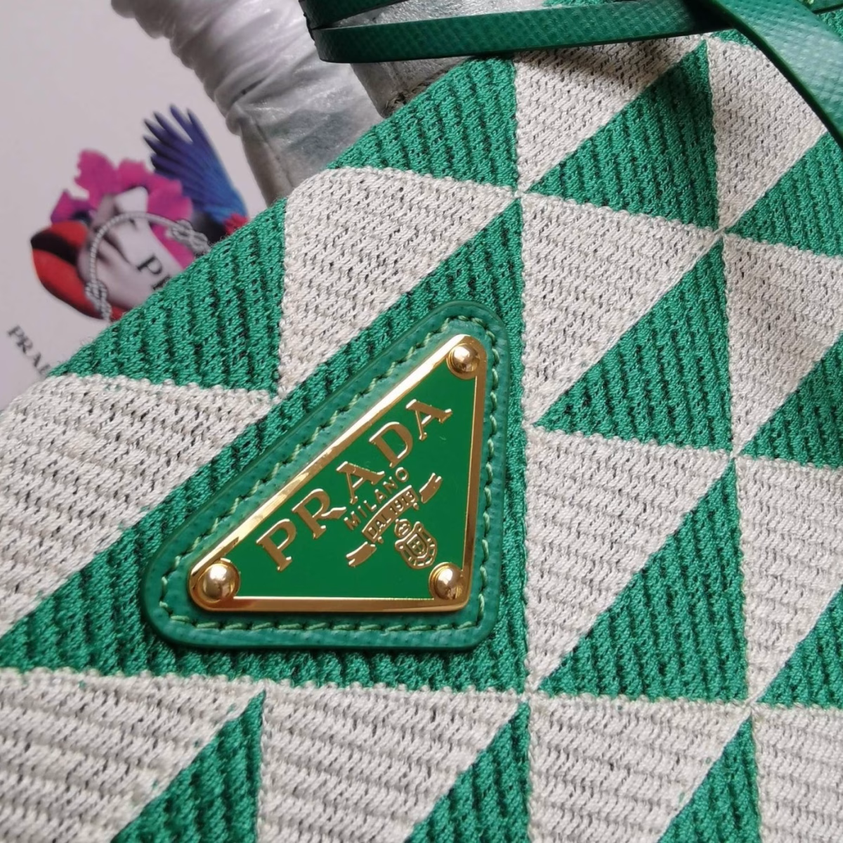 Prada Symbole Small Bag in Green and White Jacquard Fabric - Image 2