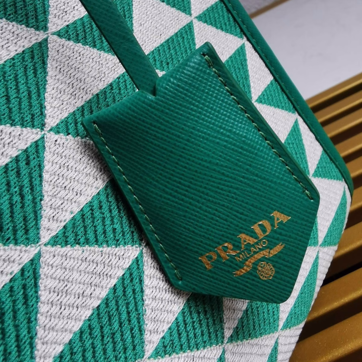Prada Symbole Small Bag in Green and White Jacquard Fabric - Image 10