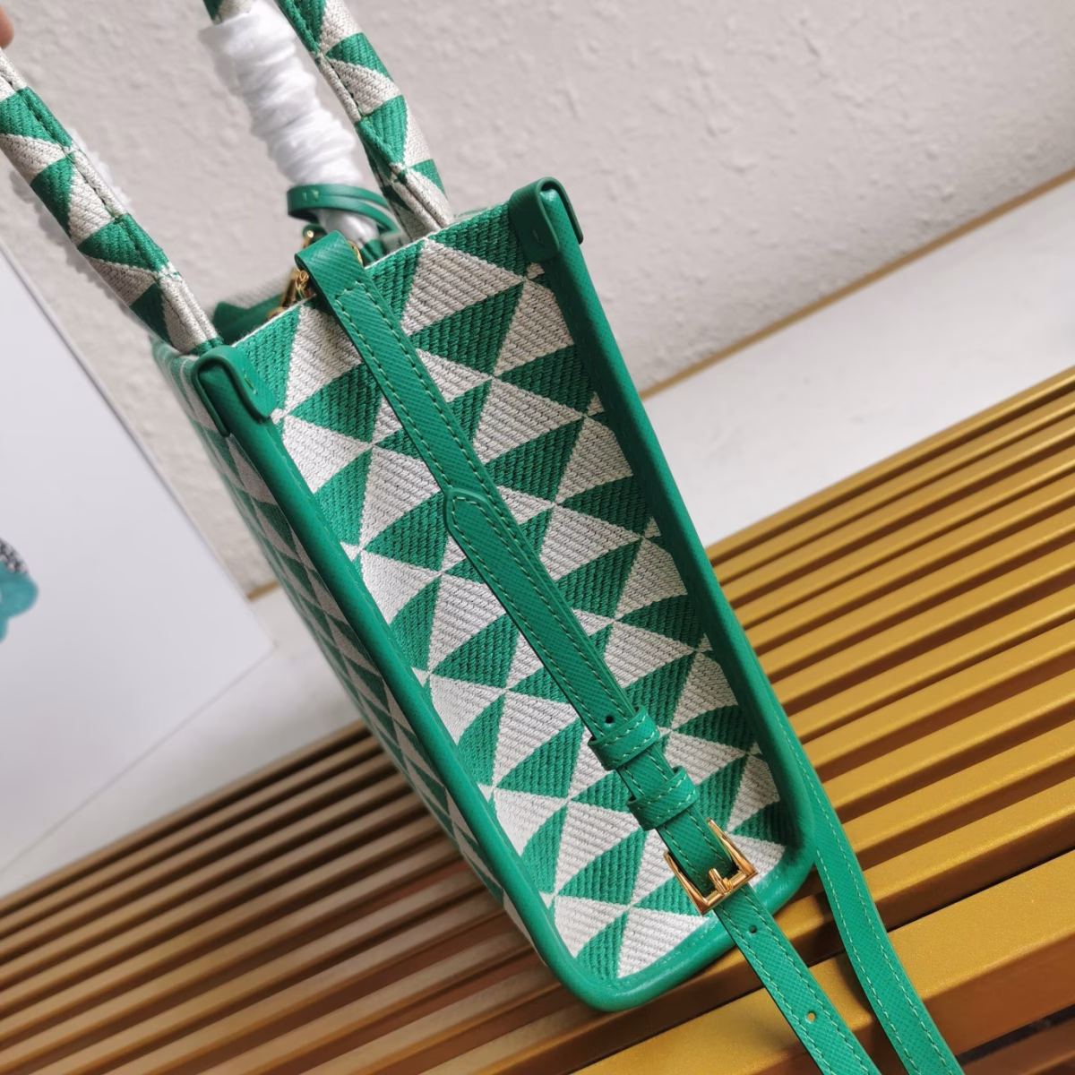 Prada Symbole Small Bag in Green and White Jacquard Fabric - Image 4