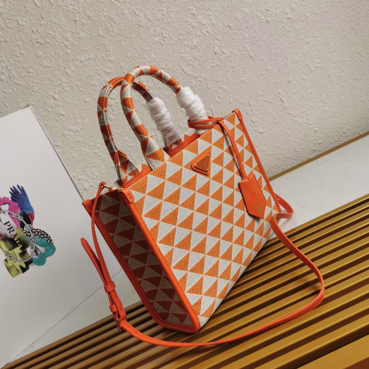 Prada Symbole Small Bag in Orange and White Jacquard Fabric - Image 6