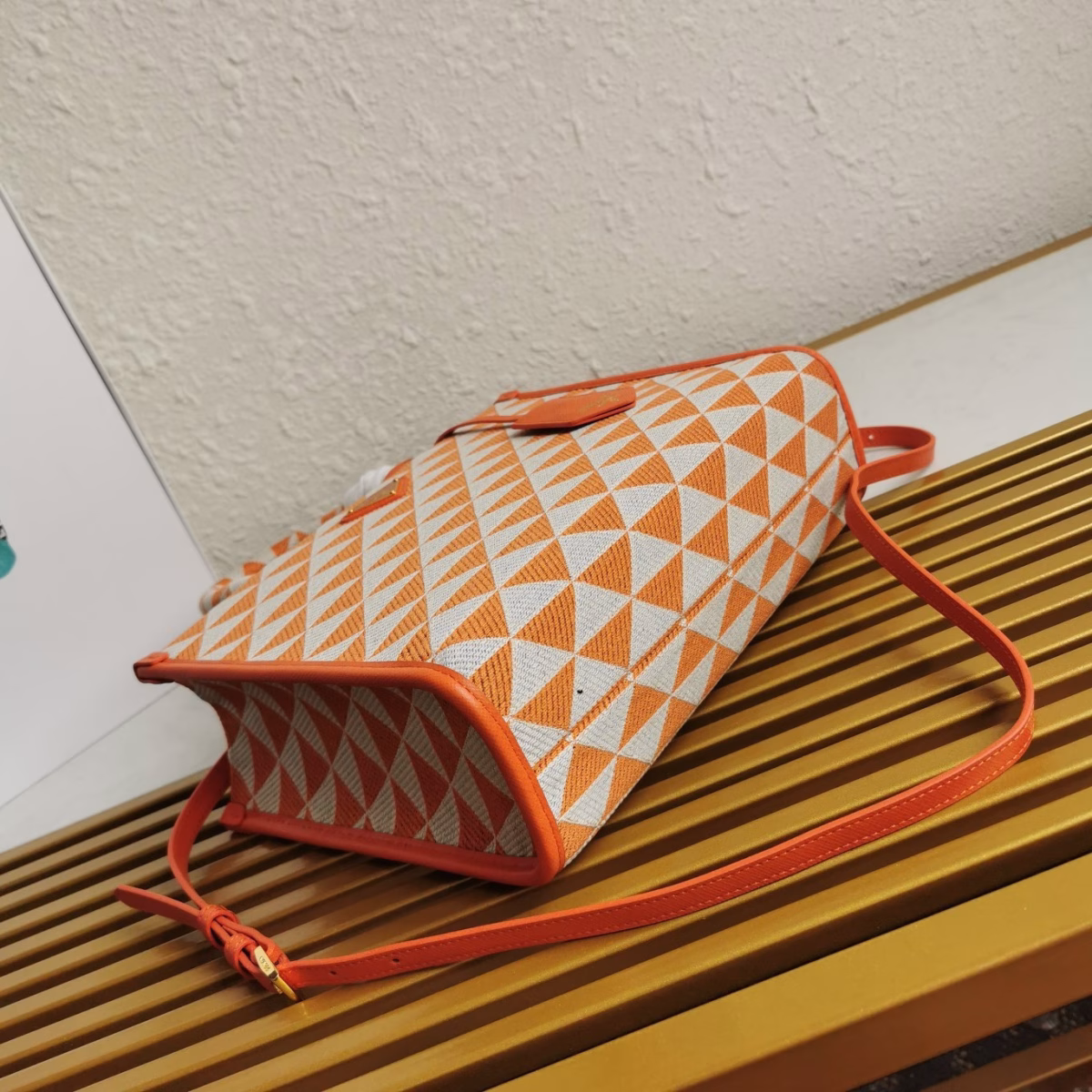 Prada Symbole Small Bag in Orange and White Jacquard Fabric - Image 7