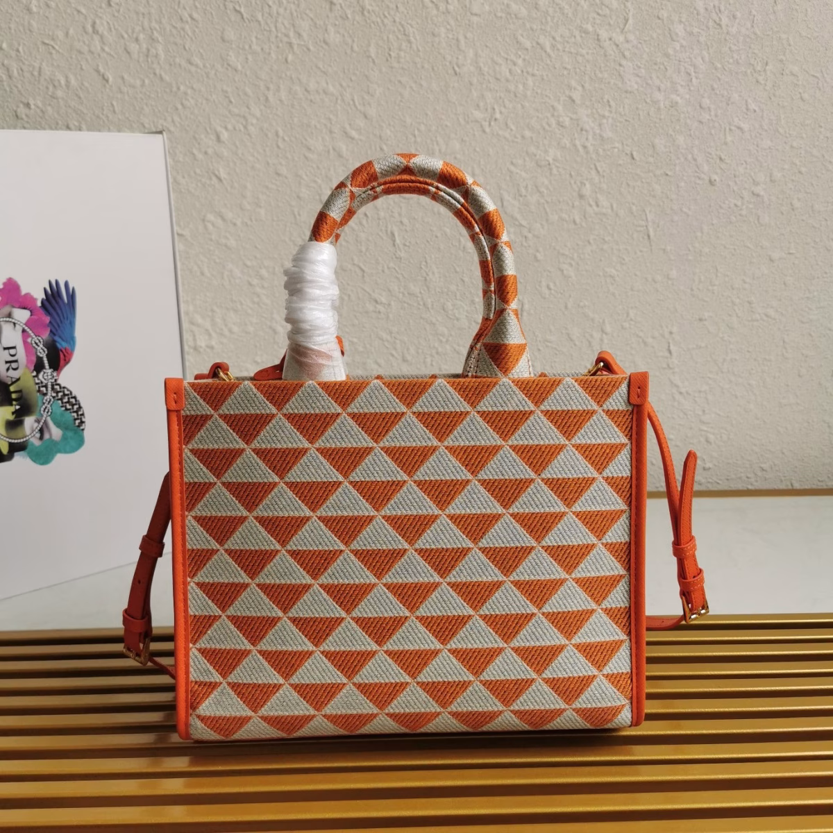 Prada Symbole Small Bag in Orange and White Jacquard Fabric - Image 8