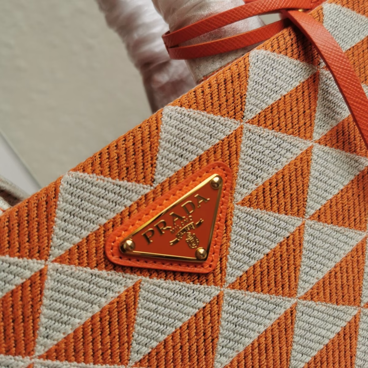 Prada Symbole Small Bag in Orange and White Jacquard Fabric - Image 9