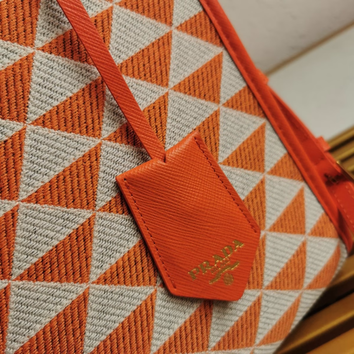 Prada Symbole Small Bag in Orange and White Jacquard Fabric - Image 4