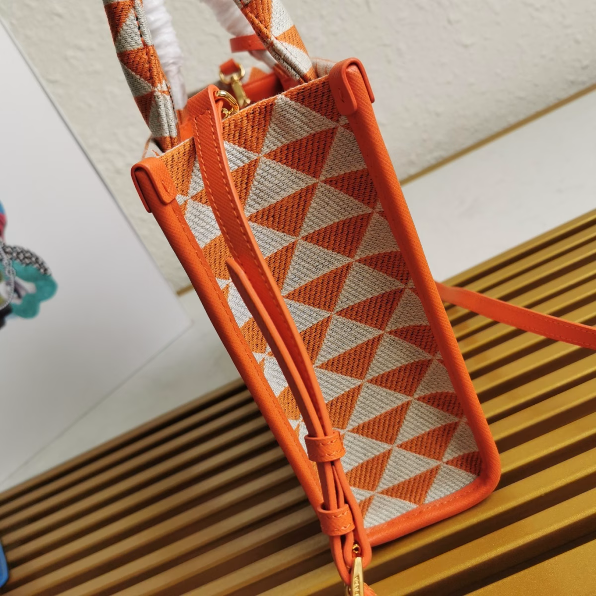 Prada Symbole Small Bag in Orange and White Jacquard Fabric - Image 5