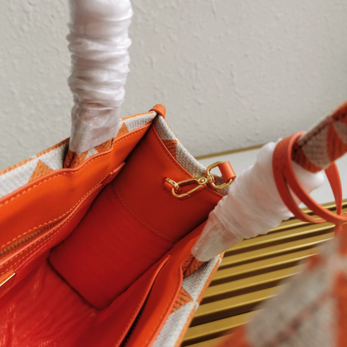 Prada Symbole Small Bag in Orange and White Jacquard Fabric - Image 3