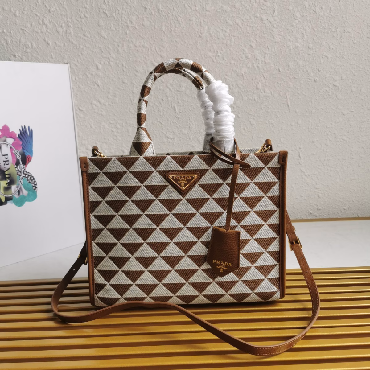 Prada Symbole Small Bag In White/Brown Jjacquard Fabric - Image 10
