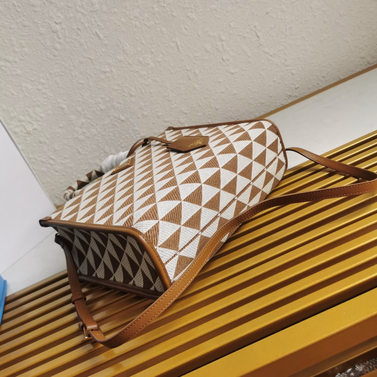 Prada Symbole Small Bag In White/Brown Jjacquard Fabric - Image 3