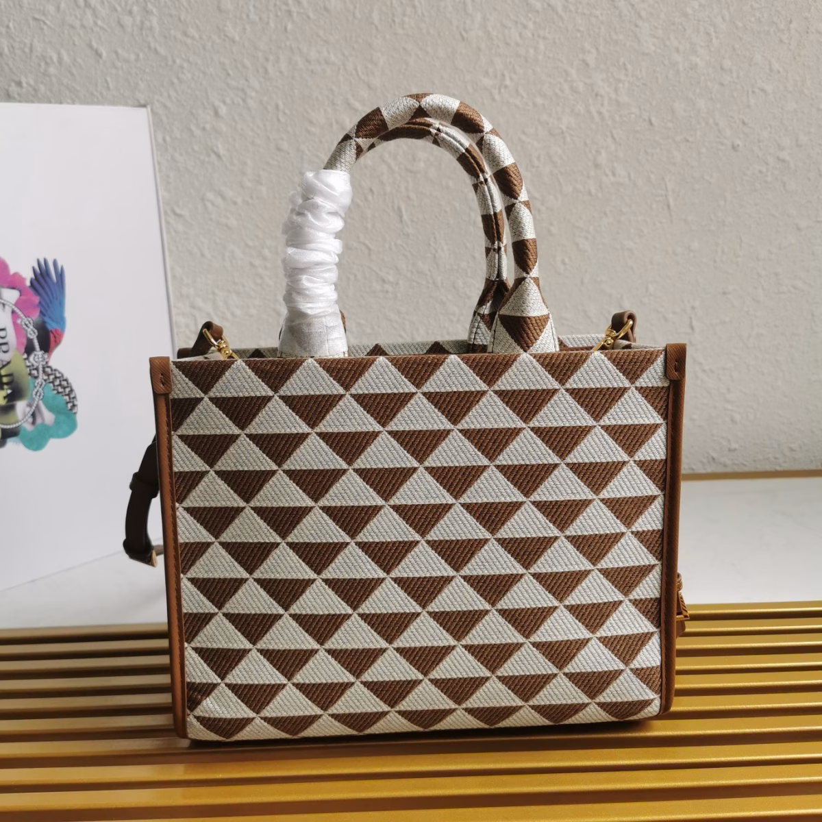 Prada Symbole Small Bag In White/Brown Jjacquard Fabric - Image 8