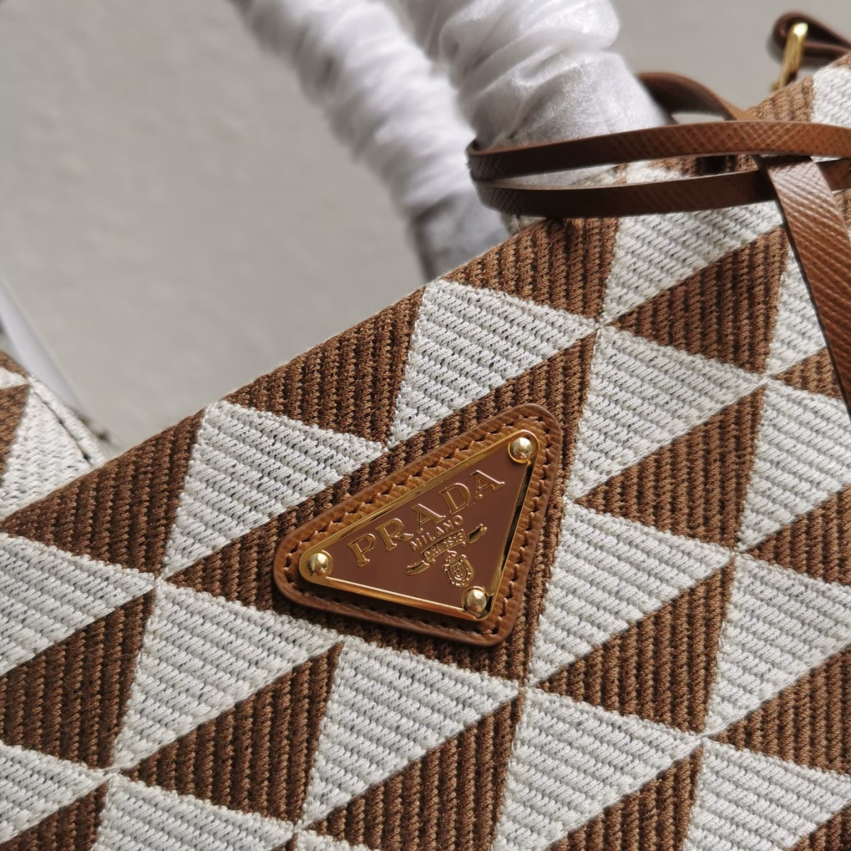 Prada Symbole Small Bag In White/Brown Jjacquard Fabric - Image 4