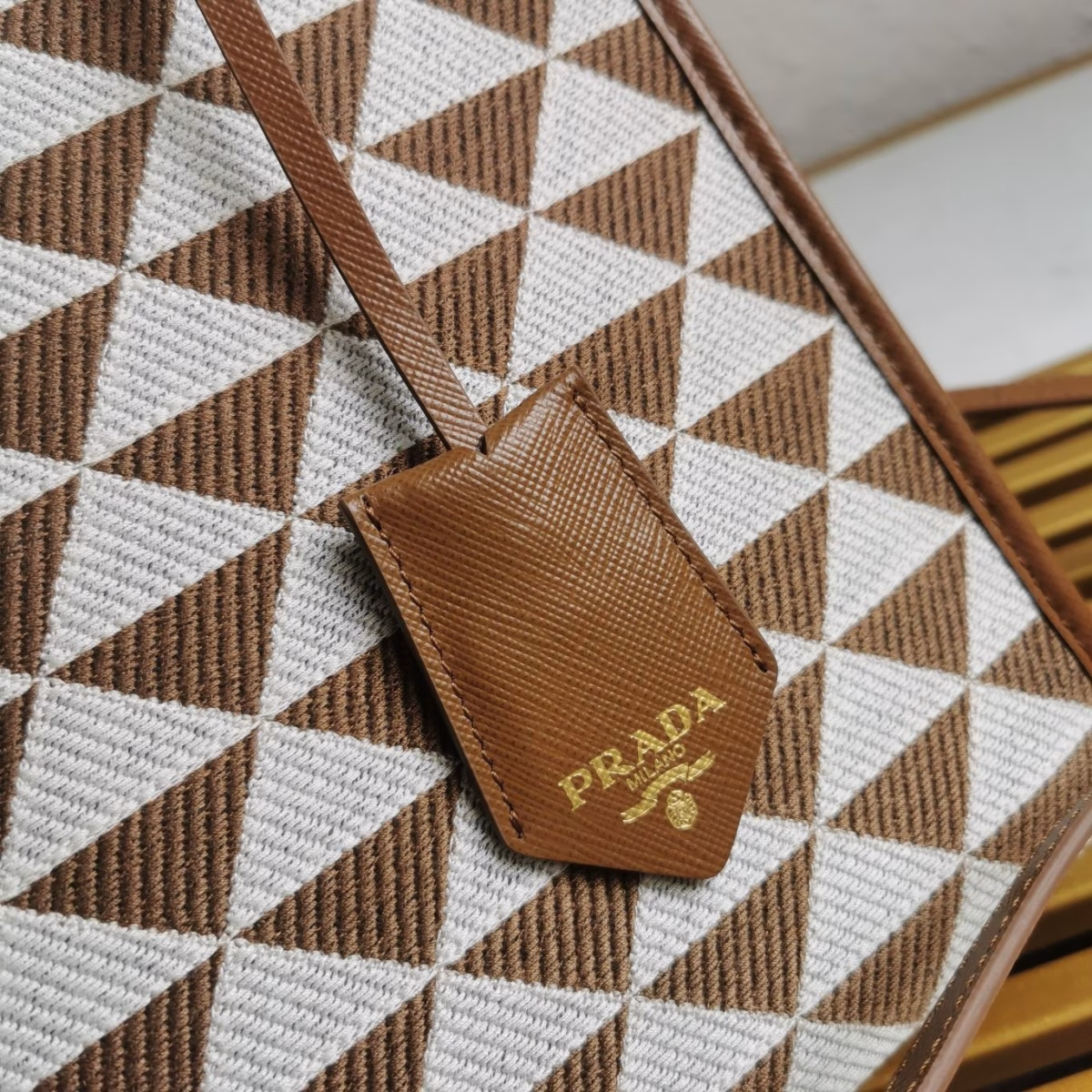 Prada Symbole Small Bag In White/Brown Jjacquard Fabric - Image 5