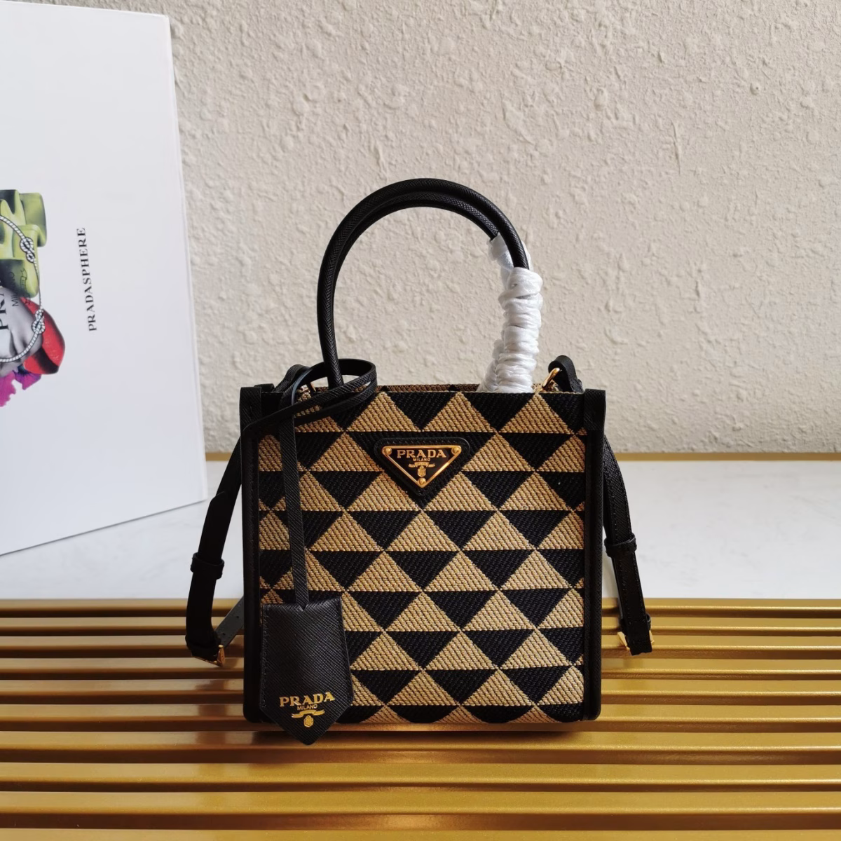 Prada Symbole Micro Bag In Black/Beige Jjacquard Fabric - Image 9