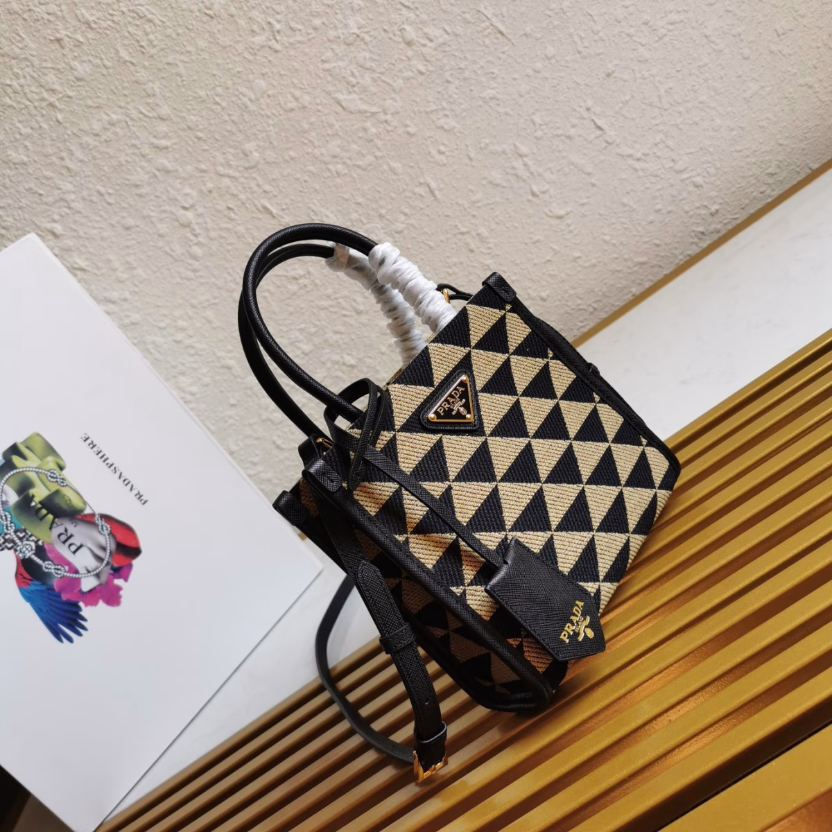 Prada Symbole Micro Bag In Black/Beige Jjacquard Fabric - Image 2