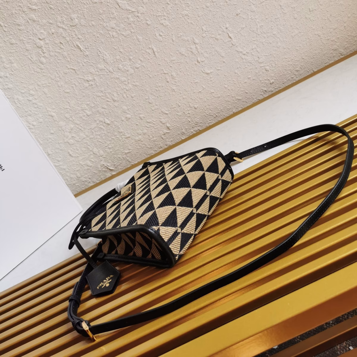 Prada Symbole Micro Bag In Black/Beige Jjacquard Fabric - Image 4