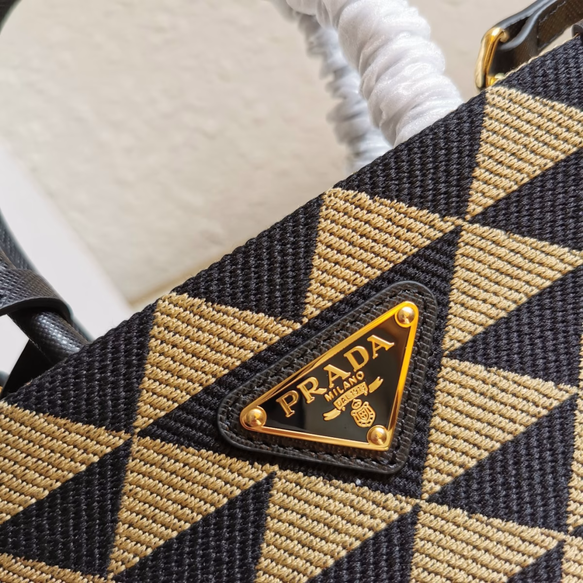 Prada Symbole Micro Bag In Black/Beige Jjacquard Fabric - Image 5