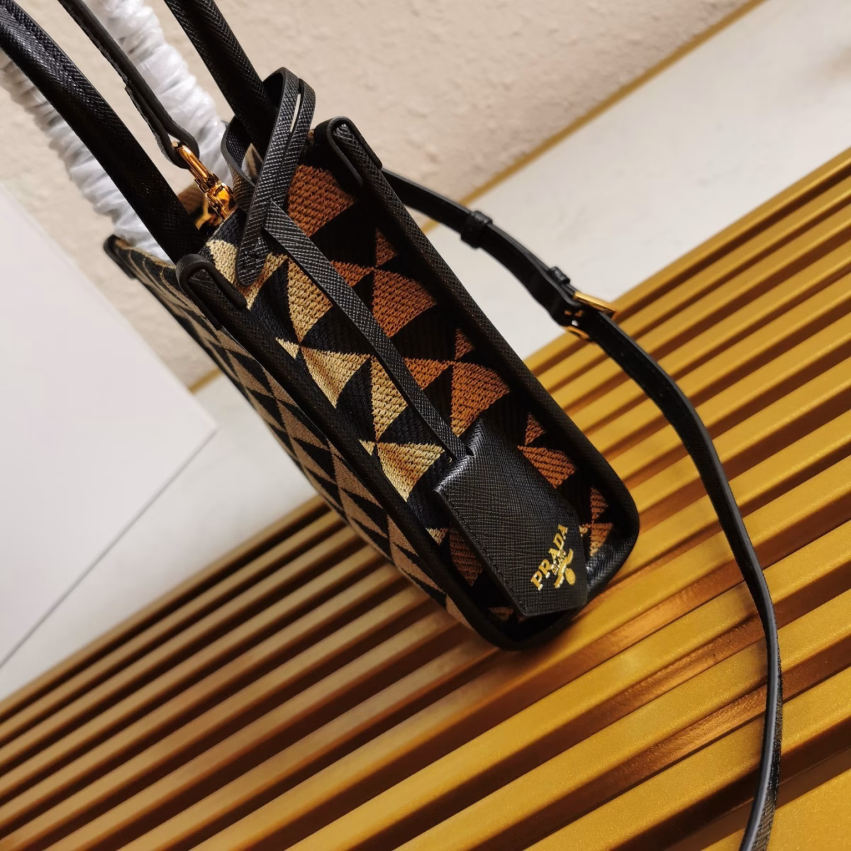Prada Symbole Micro Bag In Black/Beige Jjacquard Fabric - Image 3