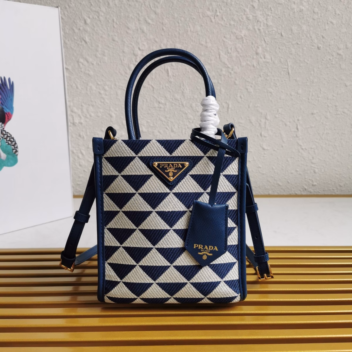 Prada Symbole Micro Bag In White/Blue Jjacquard Fabric - Image 2