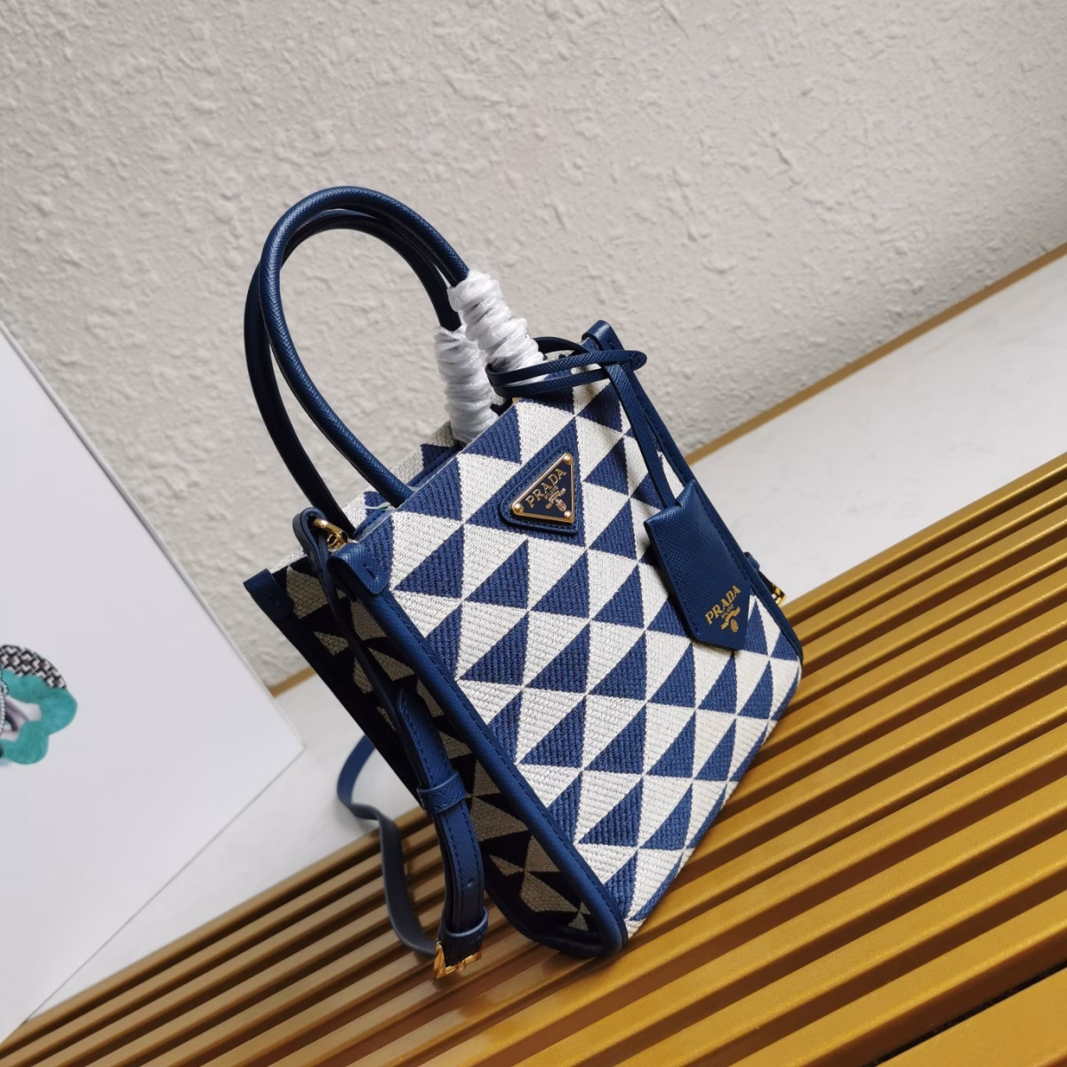 Prada Symbole Micro Bag In White/Blue Jjacquard Fabric - Image 3