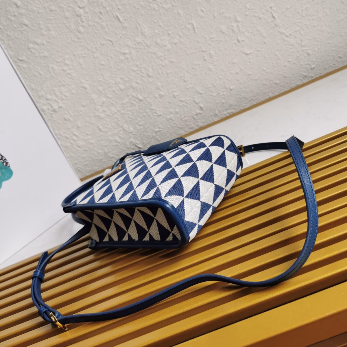 Prada Symbole Micro Bag In White/Blue Jjacquard Fabric - Image 4