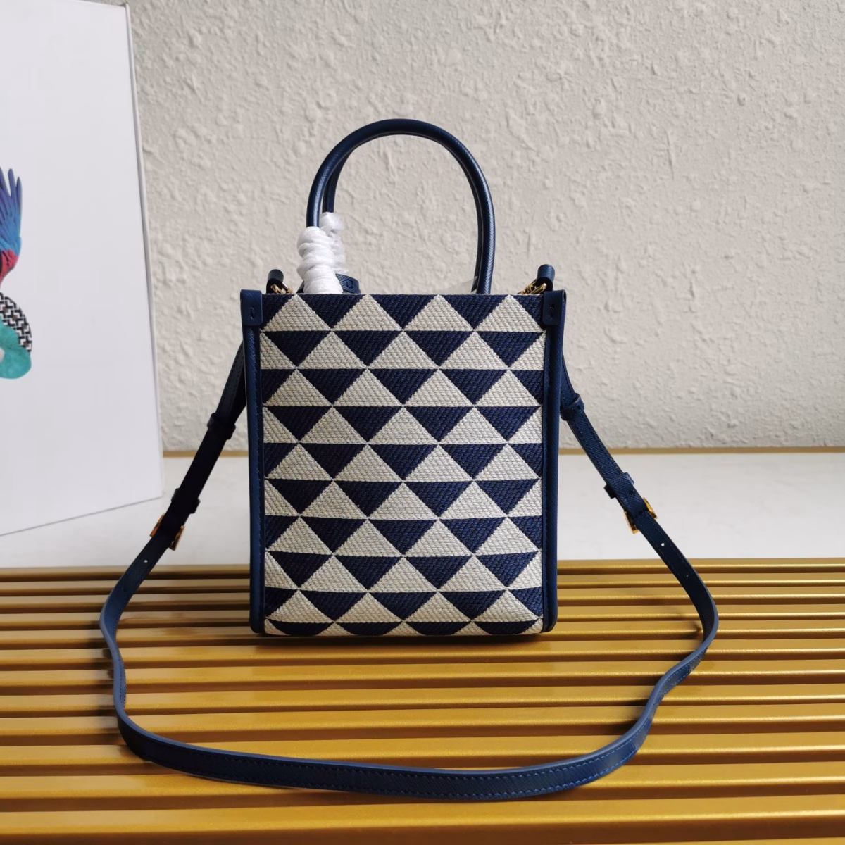 Prada Symbole Micro Bag In White/Blue Jjacquard Fabric - Image 6