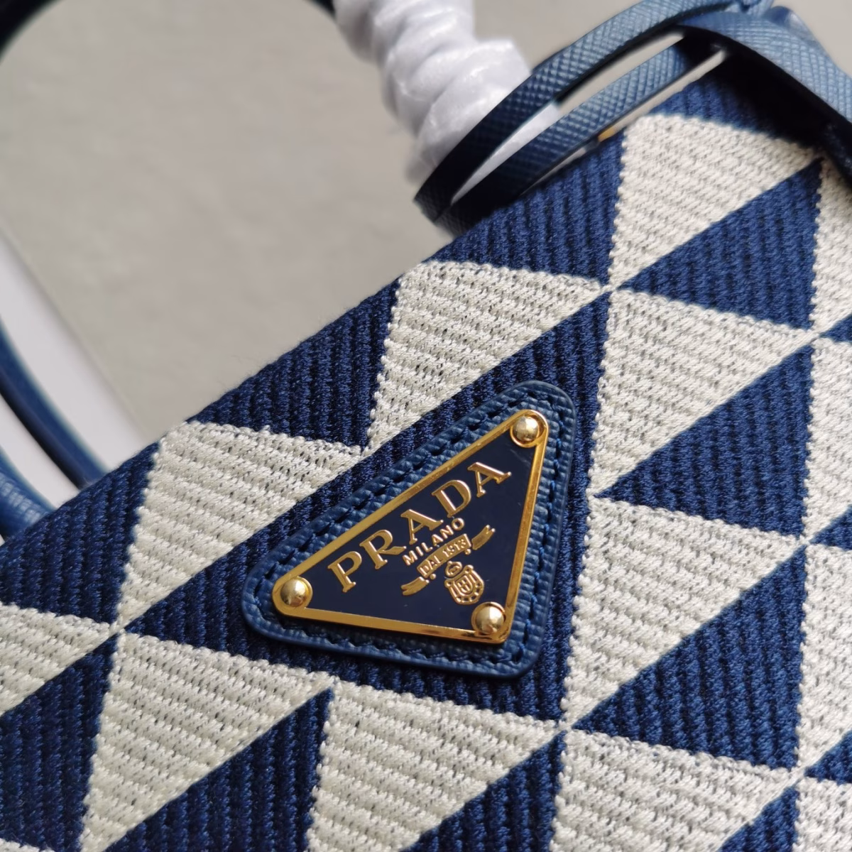 Prada Symbole Micro Bag In White/Blue Jjacquard Fabric - Image 7