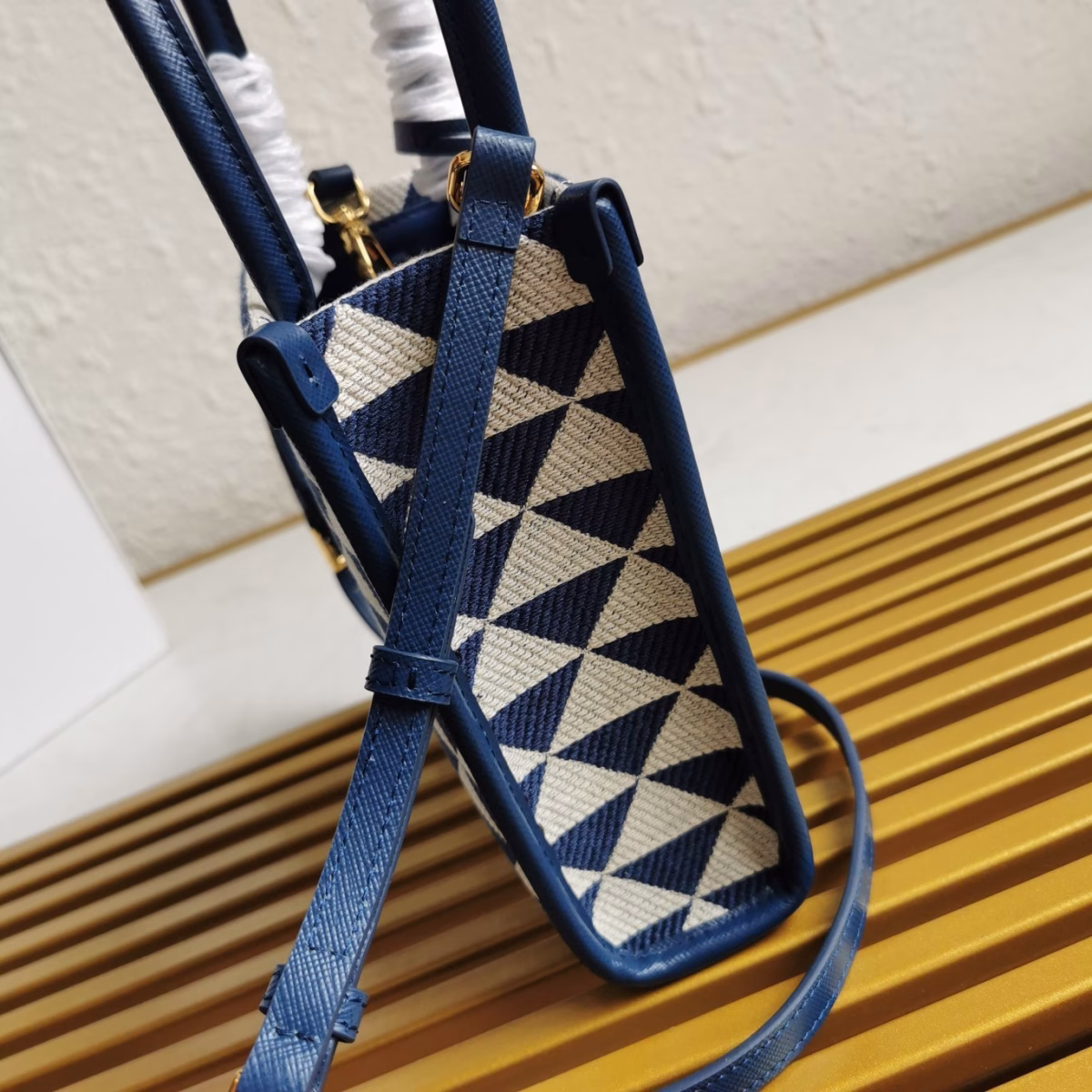 Prada Symbole Micro Bag In White/Blue Jjacquard Fabric - Image 8