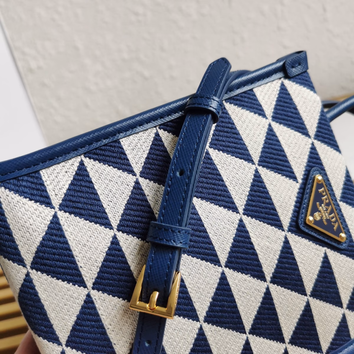 Prada Symbole Micro Bag In White/Blue Jjacquard Fabric - Image 5