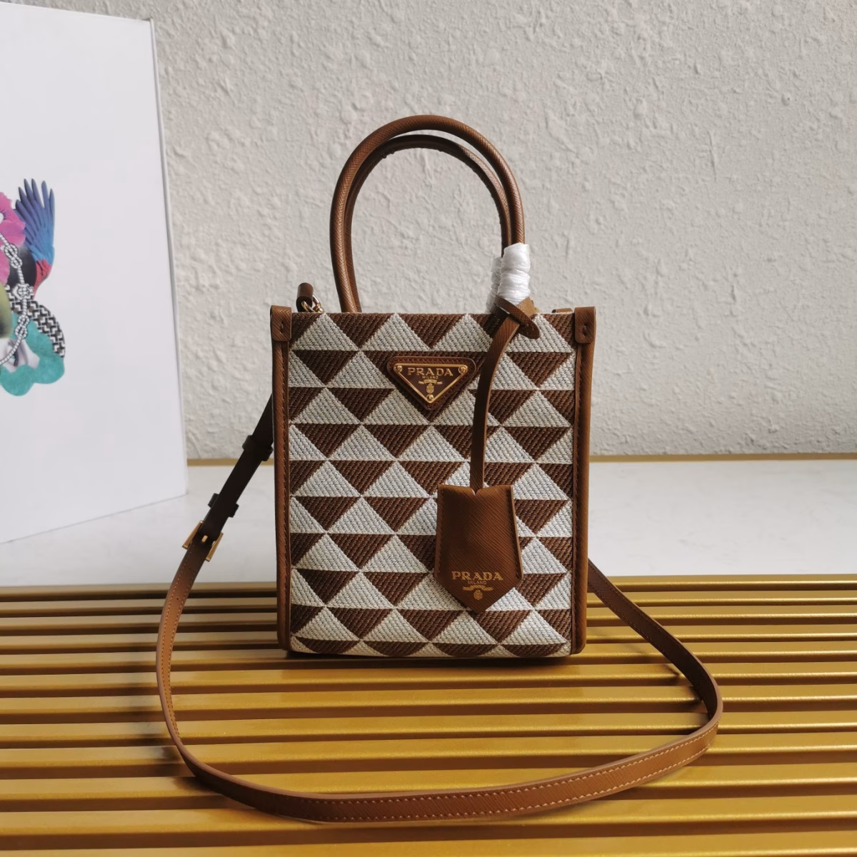 Prada Symbole Micro Bag In White/Brown Jjacquard Fabric - Image 10