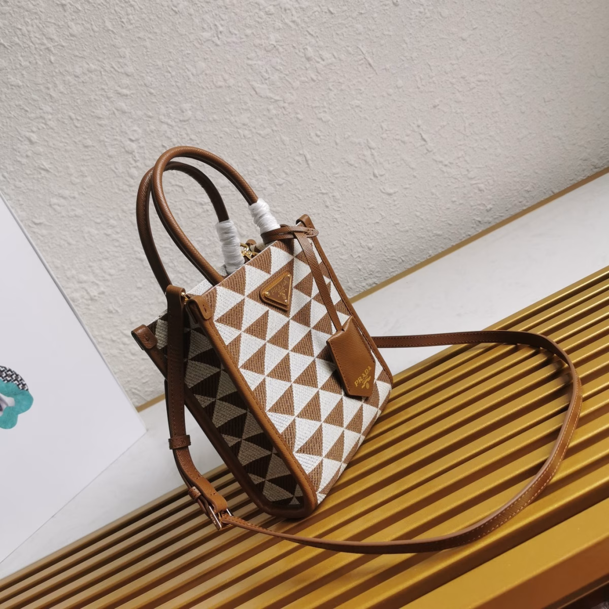 Prada Symbole Micro Bag In White/Brown Jjacquard Fabric - Image 2