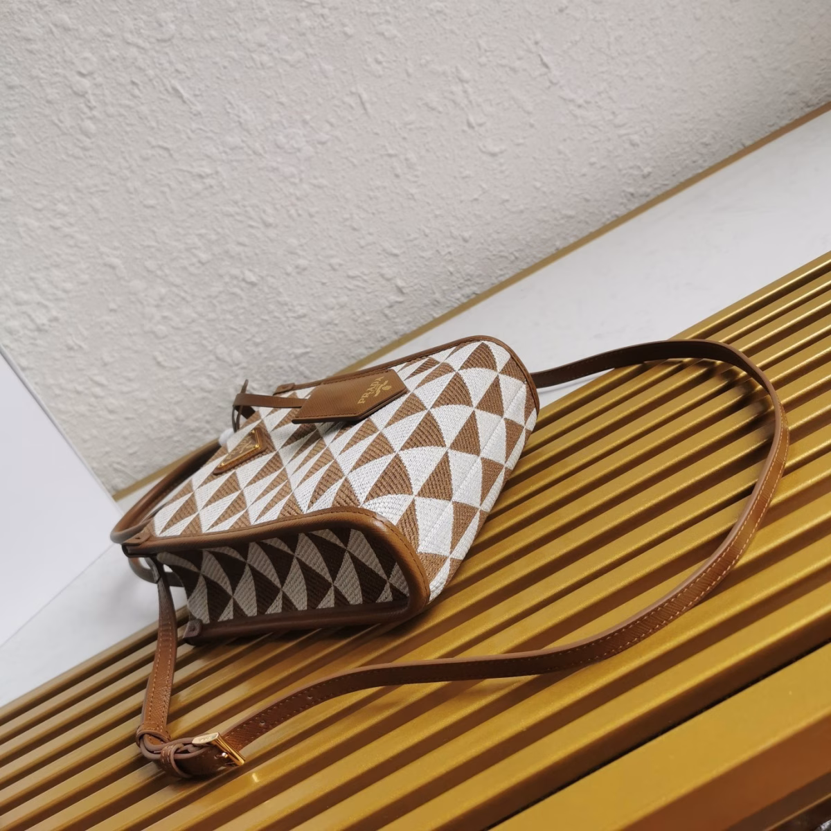 Prada Symbole Micro Bag In White/Brown Jjacquard Fabric - Image 6