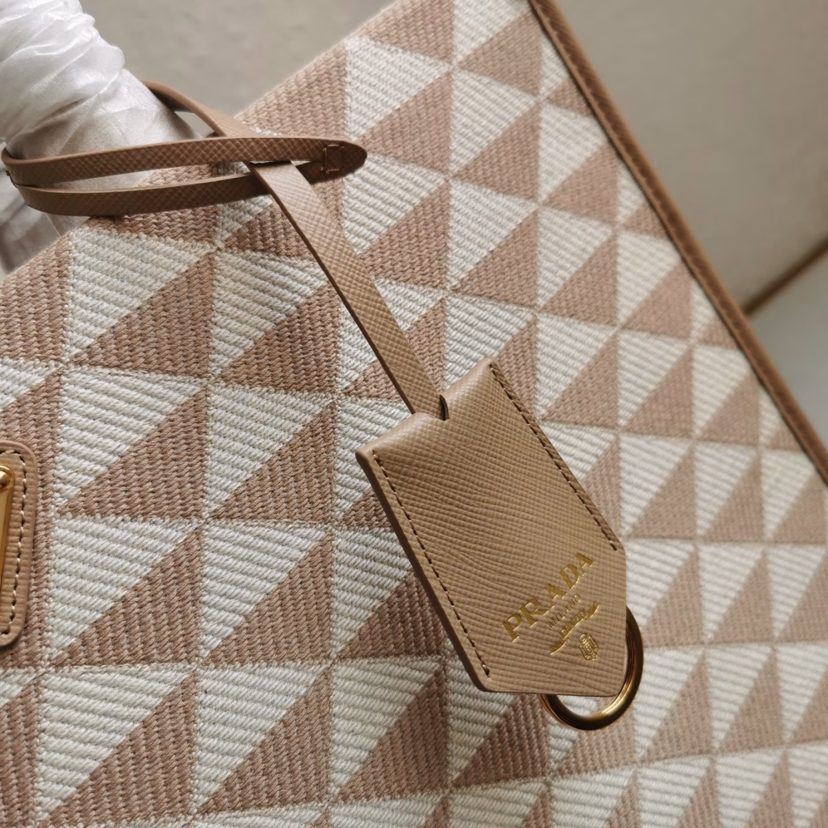 Prada Symbole Large Bag in Beige and White Jacquard Fabric - Image 4