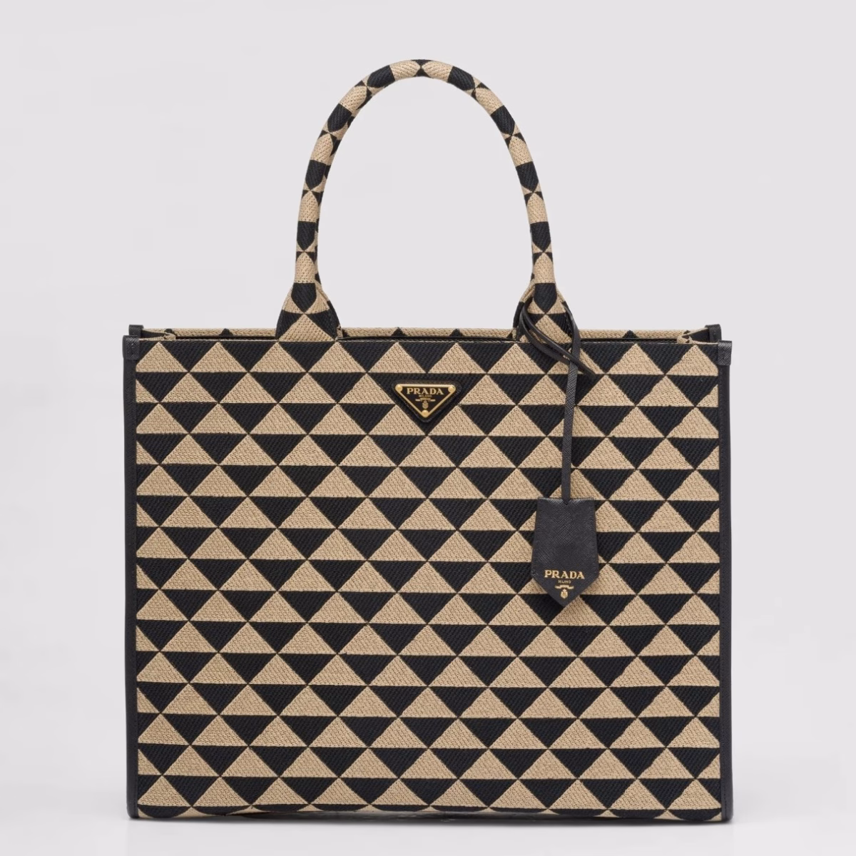 Prada Symbole Large Bag In Black/Beige Jjacquard Fabric - Image 1