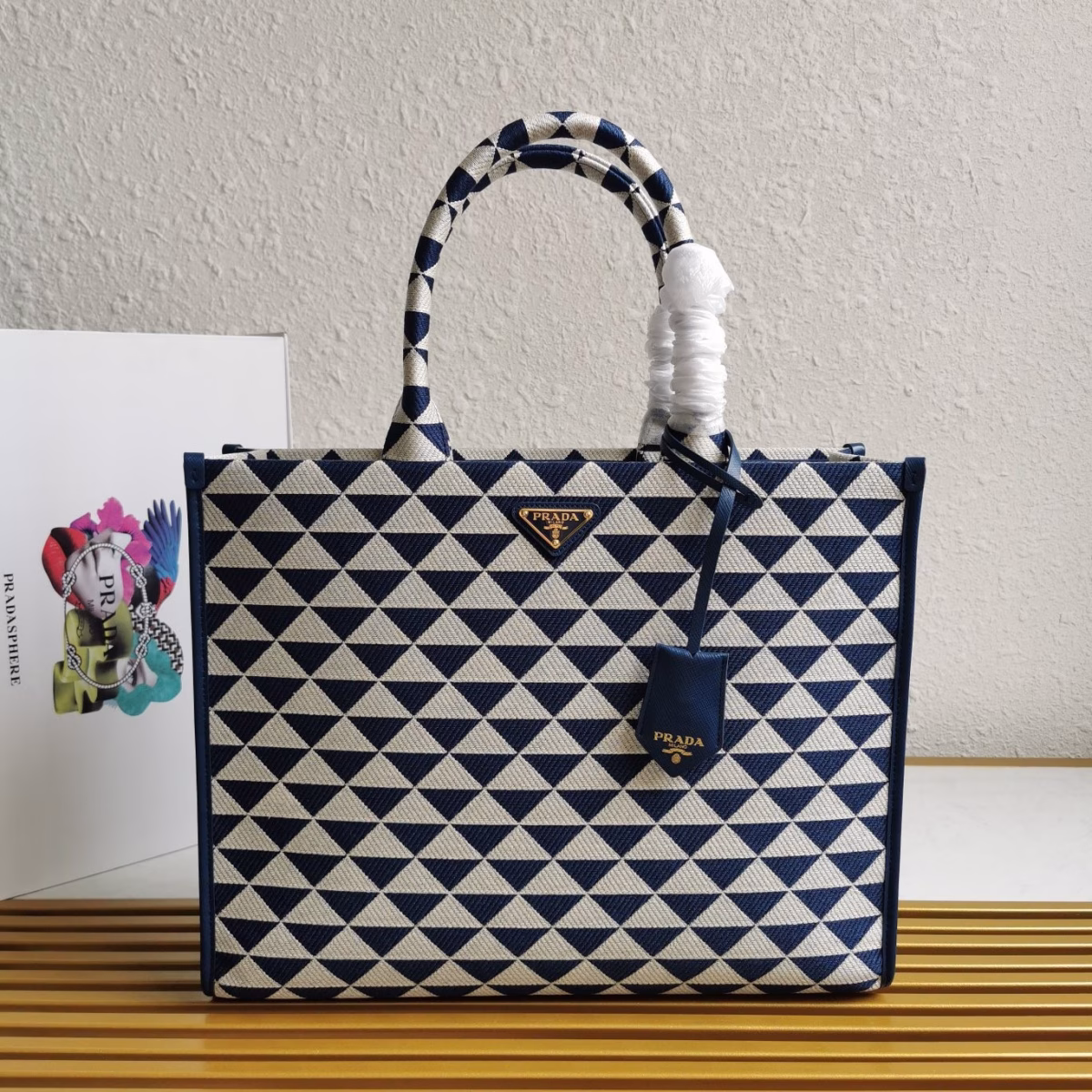 Prada Symbole Large Bag In White/Blue Jjacquard Fabric - Image 5