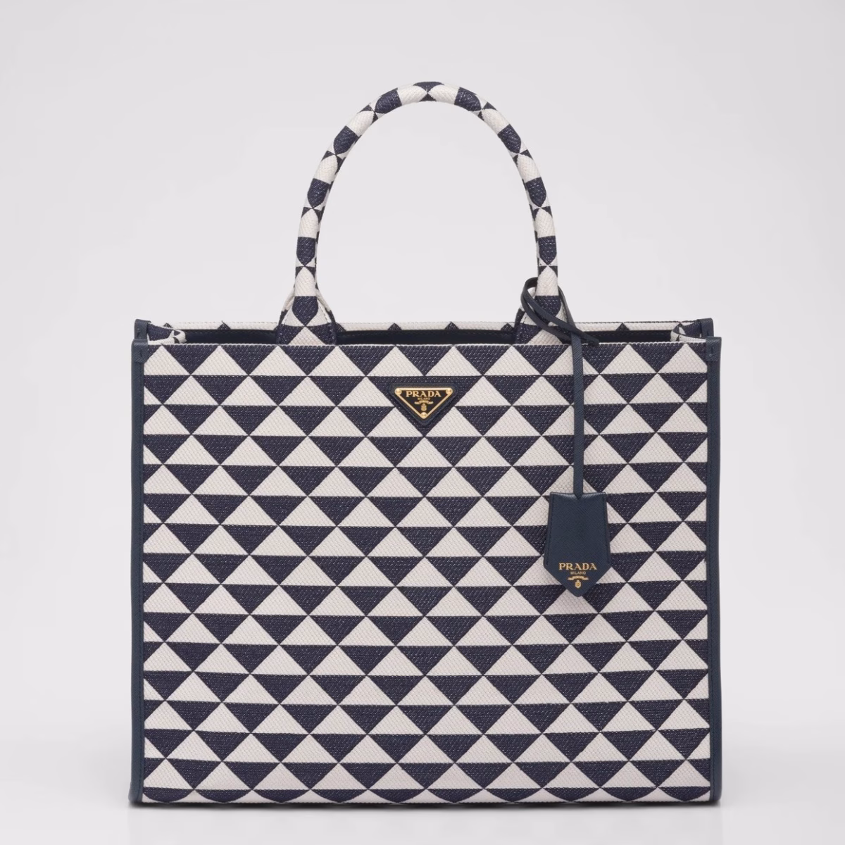 Prada Symbole Large Bag In White/Blue Jjacquard Fabric - Image 1