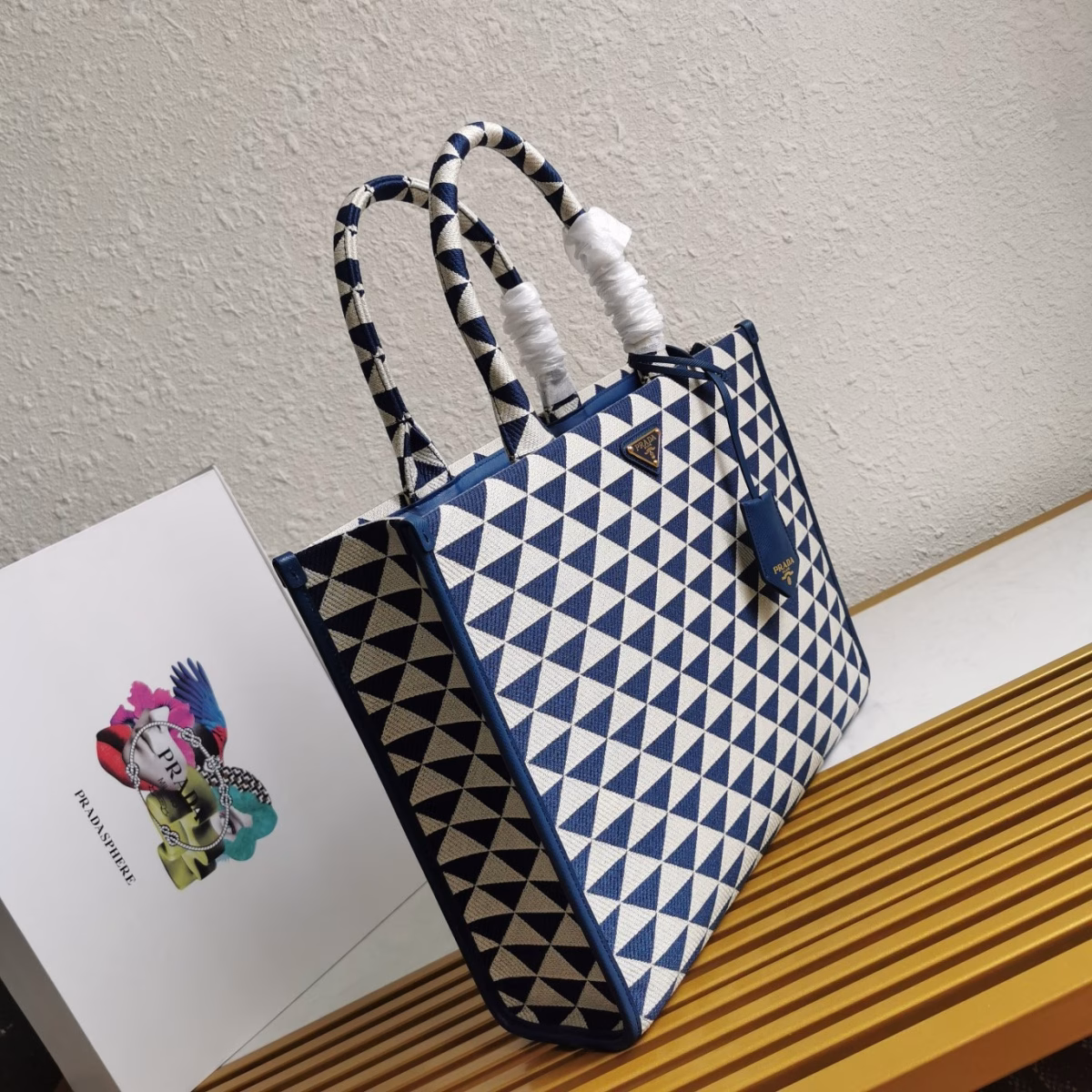 Prada Symbole Large Bag In White/Blue Jjacquard Fabric - Image 3
