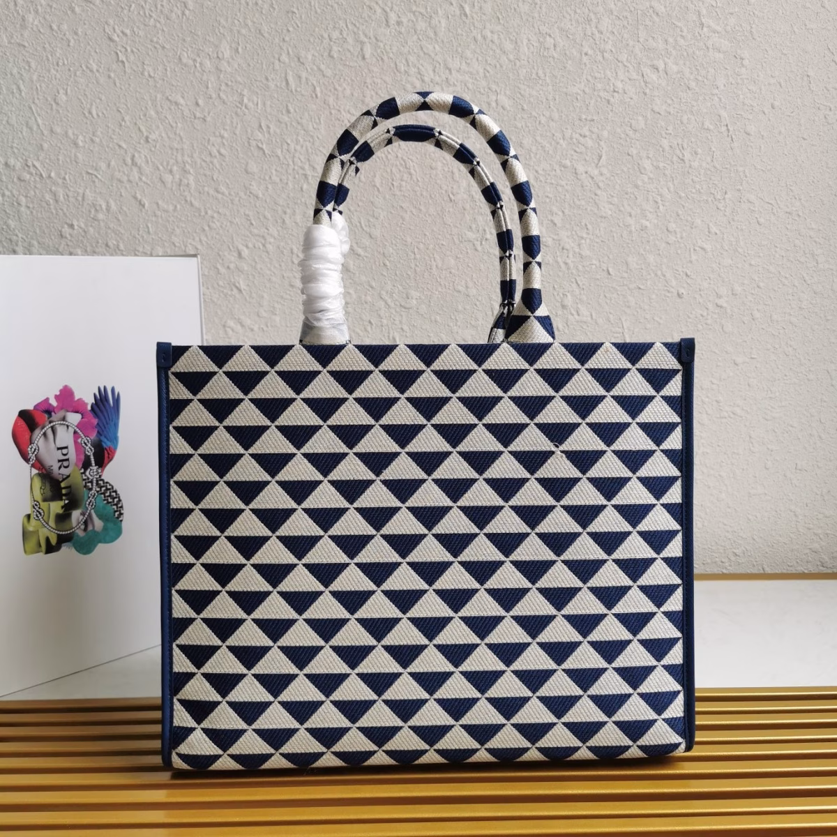 Prada Symbole Large Bag In White/Blue Jjacquard Fabric - Image 8